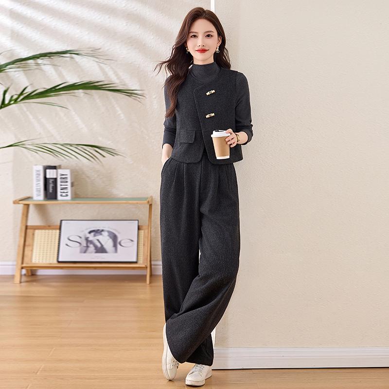 Spring 2025 Women's Fashion Suit: Three-Piece Temperament Vest with High Waist Wide-Leg Pants (ME5501)