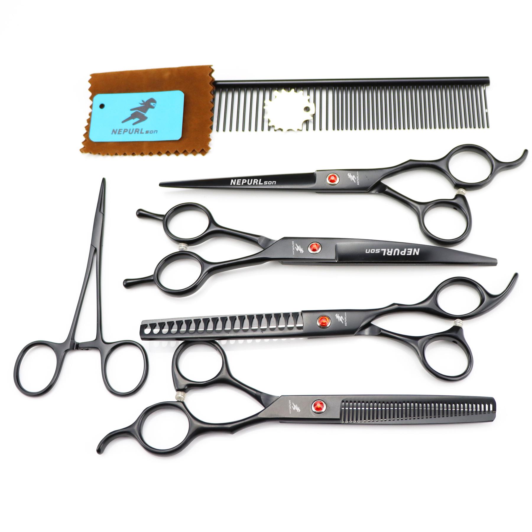 7-Inch Black Pet Grooming Scissors Set: 4-Piece Straight Shears & Comb