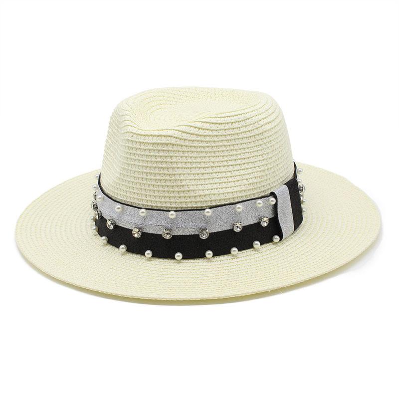Top Hat Retro Hepburn Style Flat Top Top Top Hat Spring And Summer Travel Straw Hat Pearl Wide Brim Sun Hat Female Tide