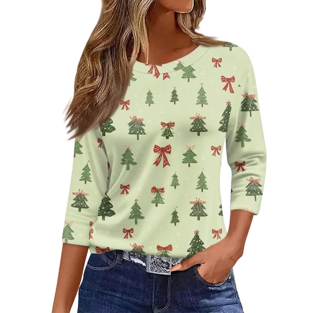 Women's O-Neck 3/4 Sleeve Christmas Print Top