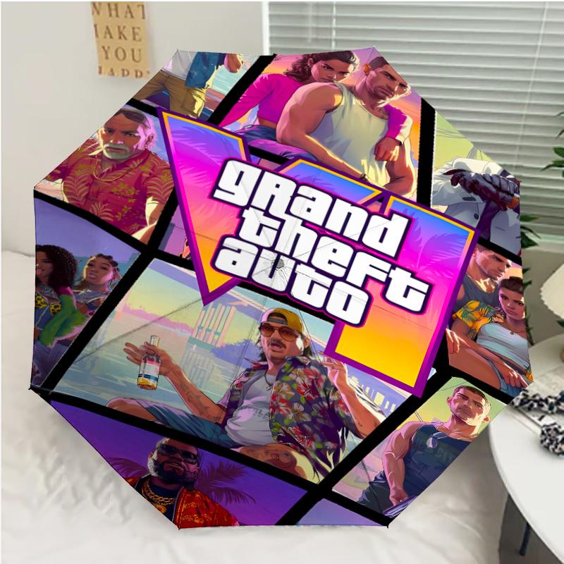 Game Grand Theft Auto Print Automatic Umbrella, 8 Rib Iron Frame, Plastic Handle, Suitable for Outdoor Travel &Daily , Ideal Gift