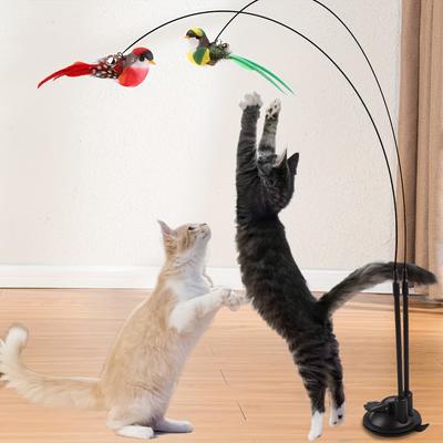 [Indoor/Outdoor Play] Interactive Cat Teasing Stick with Long Double Rod & Powerful Sucker Base -Hands-Free Cat Toy with Artificial Feather Attachment