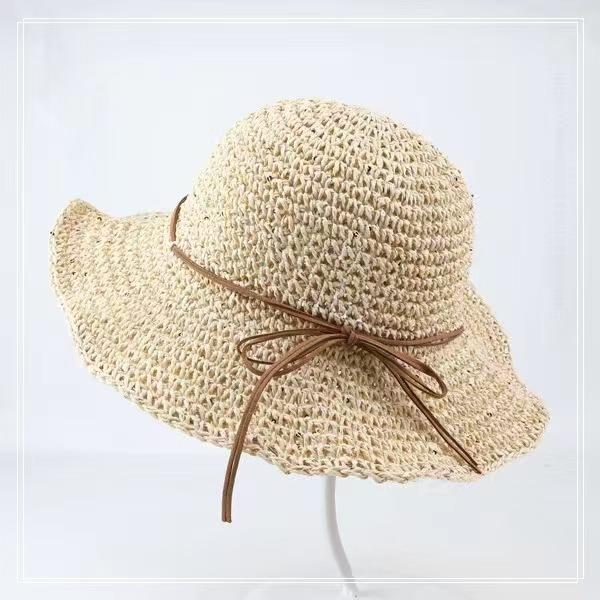Sweet bow embroidered straw hat women's seaside vacation fisherman's hat children's summer hollow breathable straw visor