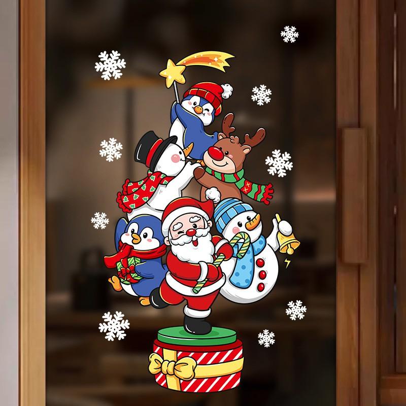 Christmas Window Clings Santa Snowman Reindeer Penguin Static Stickers Shop Home Decoration