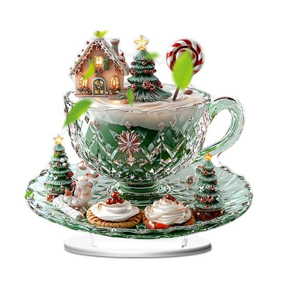 Office Desk Xmas Ornament Cartoon Christmas Coffee Cup House Ornaments, 2D Acrylic Tree Tabletop Unique Holiday Keepsake Decor, Mini Home Decor