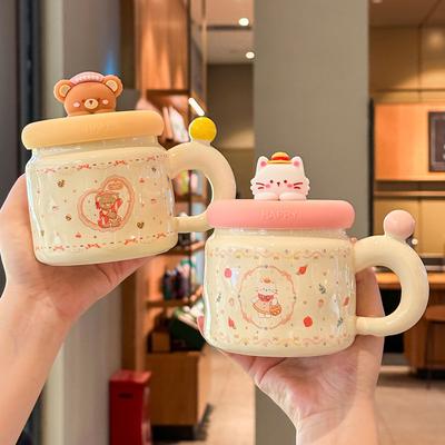 Cute Cartoon Bear Cup Super Beautiful Ceramic Mug with Lid Spoon Couple Water Cup Birthday Gift