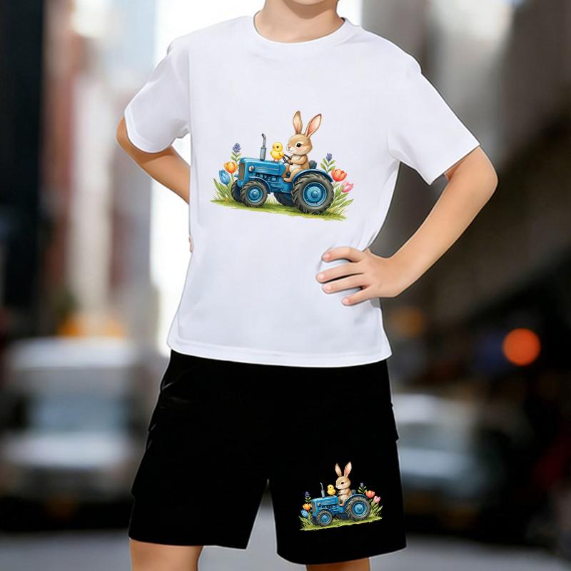 

Boys 2 Piece Rabbit Driving Tractor Printed outfit, Short Sleeve T-Shirt and Shorts Set for Kids Age 5-14,White, Black Sporty Casual Summer Clothes 13-14 Years