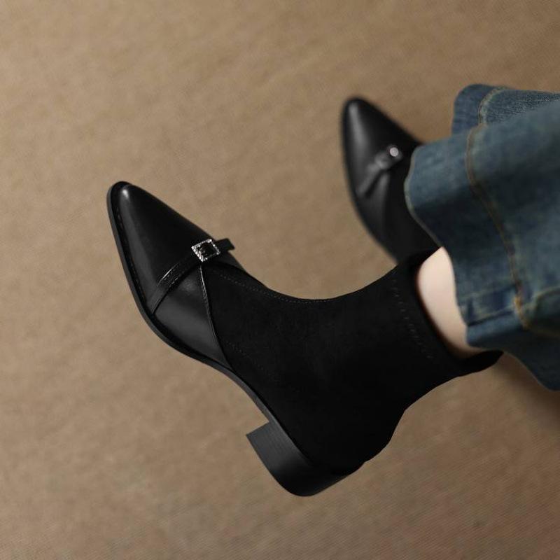 Autumn and Winter Elastic Suede Martin Boots Sleeve Solid Color Large Size Women's Boots New Middle Heel Pointed Soft Sole Medium Boots