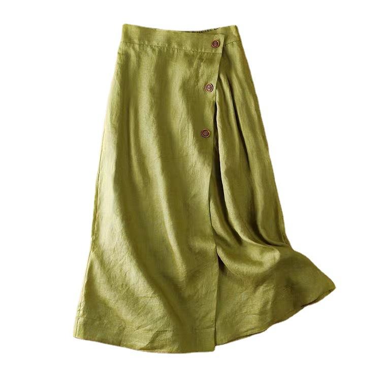 Women's Summer Casual A-Line Skirt Cotton Linen Mid Length Elastic Waist Flared Skirt