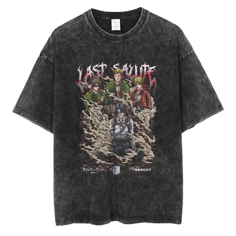 Anime Attack on Titan Levi Graphic Washed T Shirt Men Vintage Cotton T-shirts Casual Manga TShirt Harajuku Tops