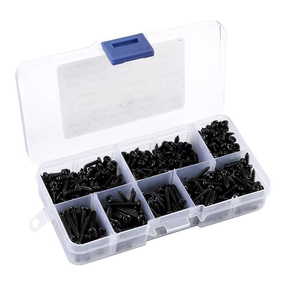 500pcs Durable Metal M3 Screw Kit Cross Head Black Finish Self Tapping Screw Self Drilling Round Head Pan Head Screw Hardware