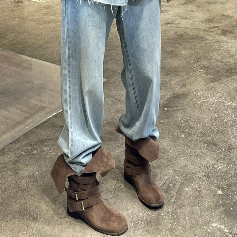 Cowhide version~ Leather Wasteland wind tube belt buckle western boots women's thick heel leather matte super soft knight boots women