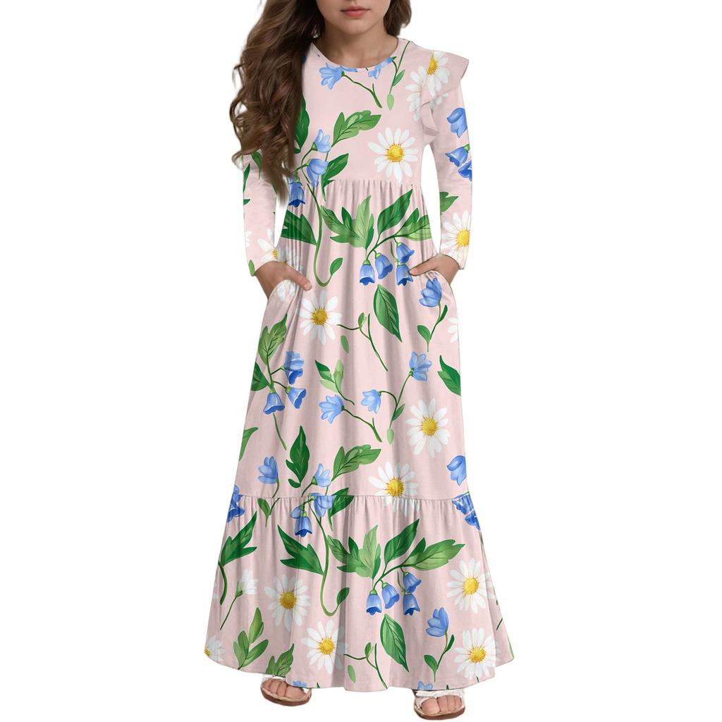 Girls' Tiered Ruffle Dress - Long Sleeve Printed Maxi With Pockets