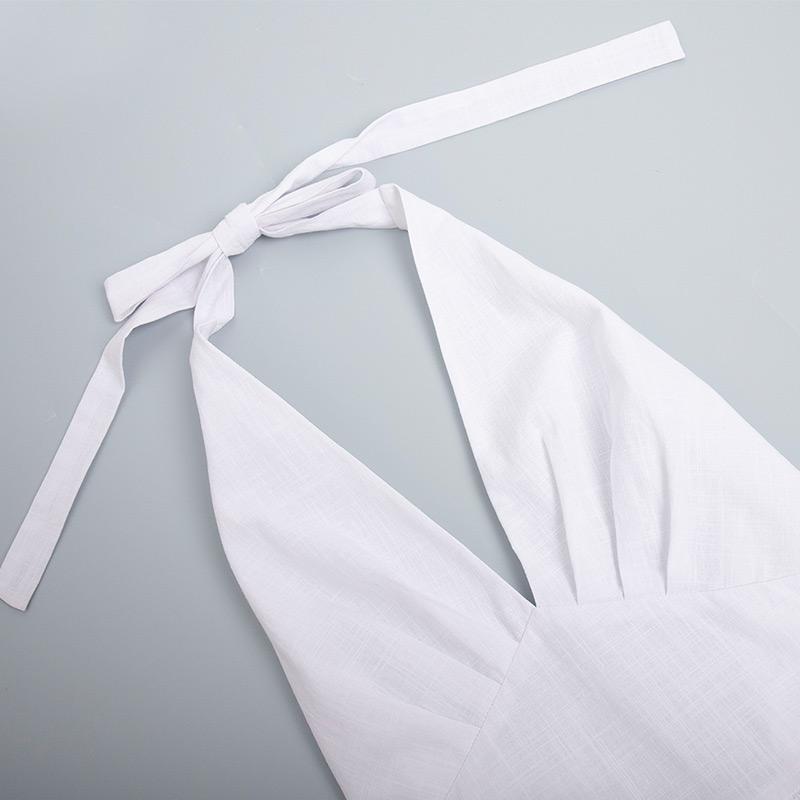 Bílé bavlněné halter šaty s výstřihem do V, sexy odhalená záda, dámské šněrovací A-line šaty, top v pase, velká sukně, módní plážové šaty na dovolenou, léto nové