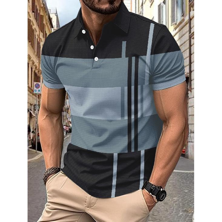 

Summer Men s Casual Striped Printed Turn-Down Collar Short-Sleeve Polo Shirt S серый