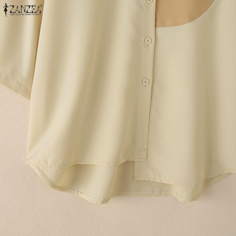 ZANZEA Women Casual Turn Down Collar Loose Patchwork Half Sleeve Blouse