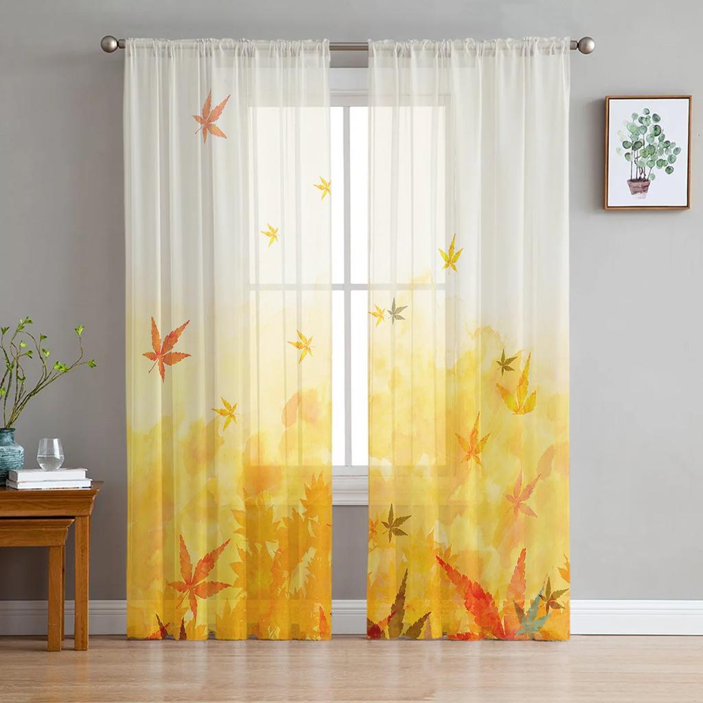 Maple Leaf Autumn Forest Landscape Tulle Curtains Living Room Bedroom Decoration Voile Window Party Drapes Curtain Sheer Polyester Ideal For Area