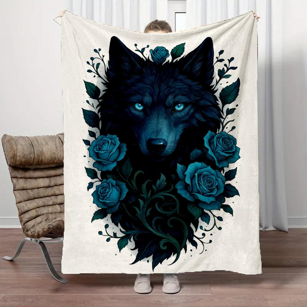 1Pc Wolf Roses Print Flannel Blanket, High Quality Digital Printing, Comfortable for All Seasons, Home DecorGifts821007