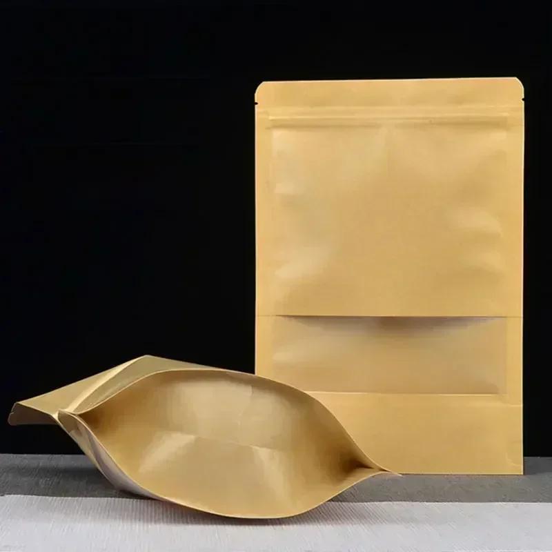 50piece Kraft Paper With Windows Self Sealing Bag Thick White Matte Stand Up Storage Bags Food Seal Up Packaging Zip Lock Pouch