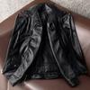 Men Genuine Leather Motorcycle Jacket Cowhide Biker Coat with Detachable Armor and Lapel