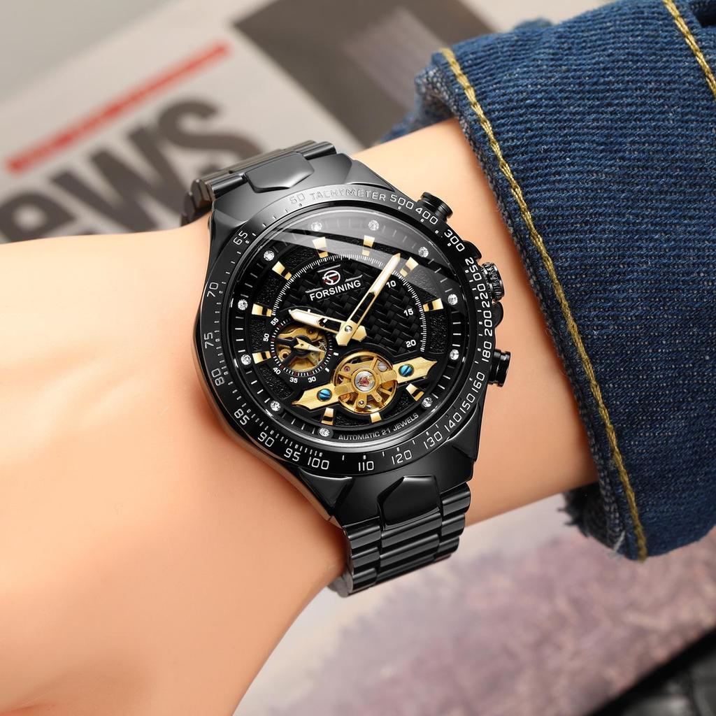 Forsining Automatic Mechanical Men Wristwatch Hollow Sport Male Luxury Tourbillon Watch Independent Seconds Dial Wristwatch