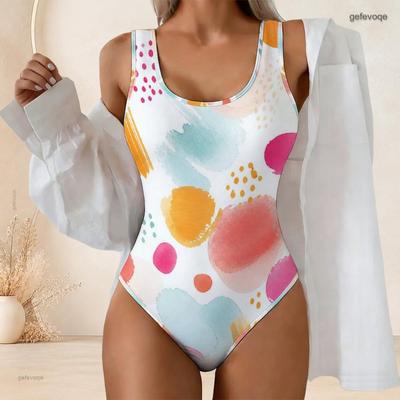 Women Plus Size Printed One Piece Swimsuit Scoop Neck Wide Straps High Cut