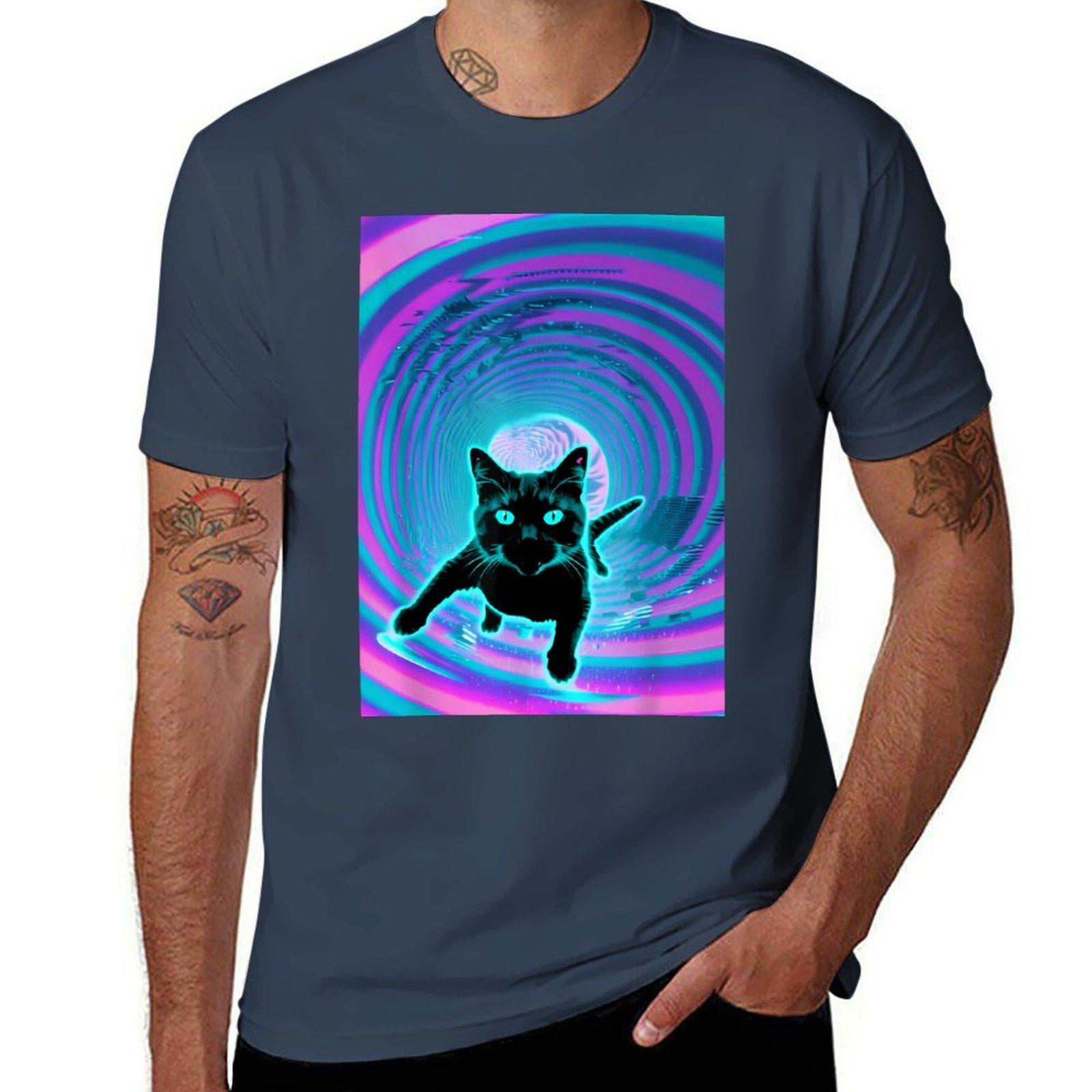 Trippy Glitch Weirdcore Cat Vortex Surfing Vaporwave TShirt Relaxed Casual Short Sleeve Tee S