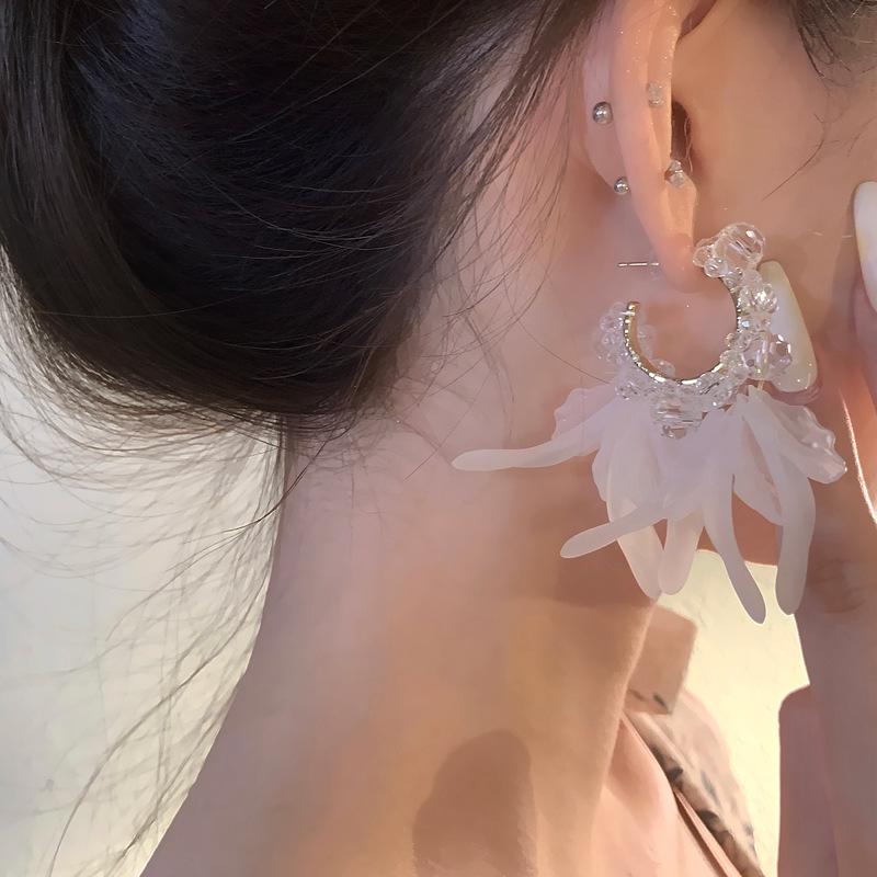 Glass Acrylic Petal Fringed Earrings Fashion Super Fairy Stud Earrings High Sense Personality Temperament Earrings