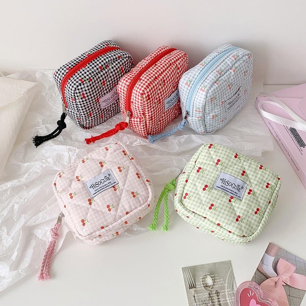 Large Capacity Fruit Cherry Pencil Bag Cute Design Cloth Plaid Pen Bag  Birthday Gift