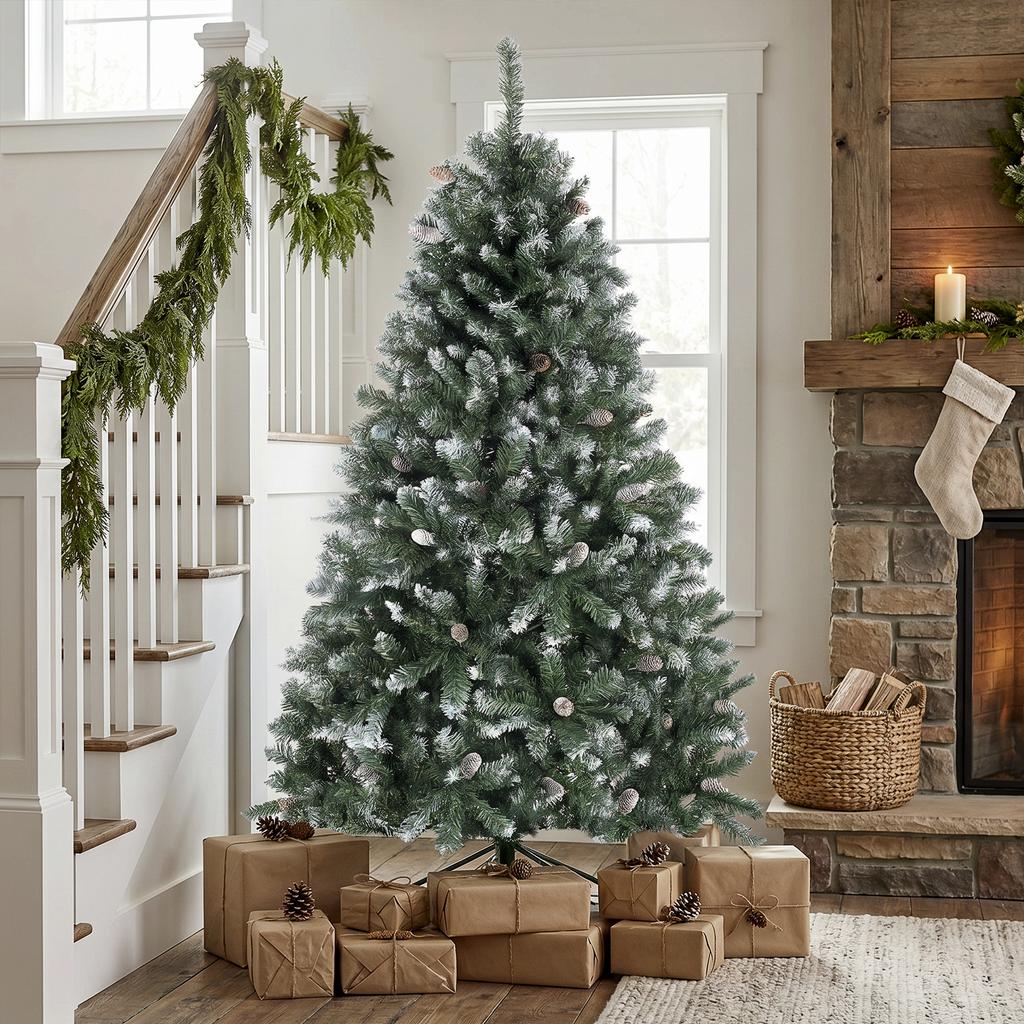 Artificial Christmas Tree 180cm with 910 Branches with Snow, 58 Pine Cones and Foldable Metal Stand, Easy Assembly, Green