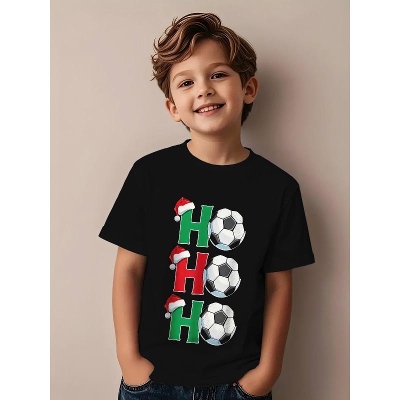 Boys Teens Crewneck T-Shirt, Christmas HO HO HO Soccer Santa Hat Fun Print 110