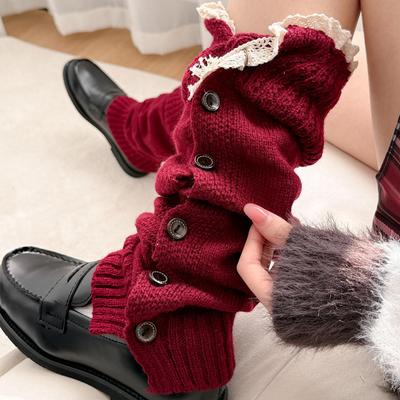 Maillard Red Lace Slouchy Socks for Girls - Cozy Autumn/Winter Knitted Leg Warmers for Y2K Style, Perfect with Leather Shoes.