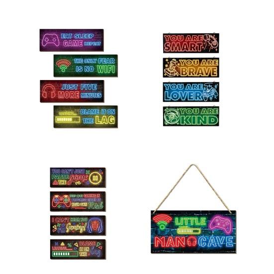 1/4Pcs Neon Light Effect Wall Decoration Wooden Game Theme Wall Art Sign Home Bedroom Gaming Room Cyberpunk Hanging Ornament