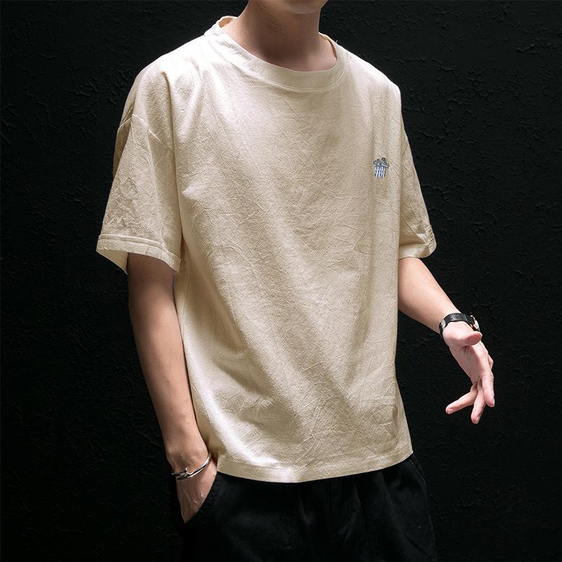 Men's Summer Cotton-Linen Short-Sleeve Chinese Style Embroidered Casual T-Shirt