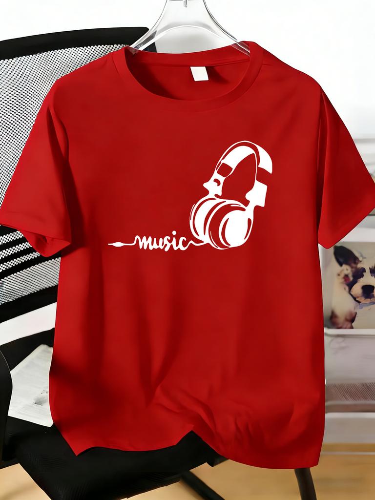 Unisexs Tee Stylish Headphone Music Word Art Print Cotton Short Sleeve Male Casual Streetwear Outdoor Daily Basic Fashion Wear Top