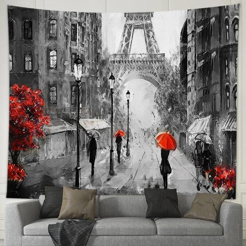 Romantic Couple Lovers Tapestry Eiffel Tower Big Ben Tapestry Wall Hanging Maple Rose Decorated Home Bedroom Living Room Dorm