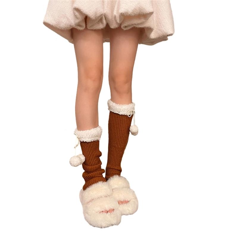 Lolitas Leg Warmers for Women Girls White Ball Knitted Leg Sleeves Winter Warm Ankle Heap Socks JK Uniform Foot Cover