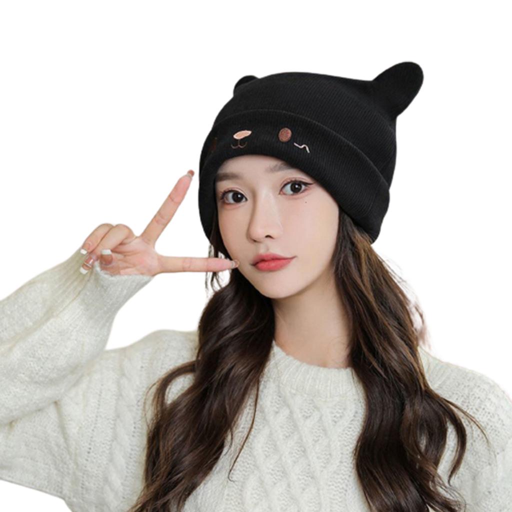 Handmade Knitted Cat Ears Hat Womens Pullover Cap Soft Woolen Colorful Beanie Cap Cute Beanies Bonnet Gift