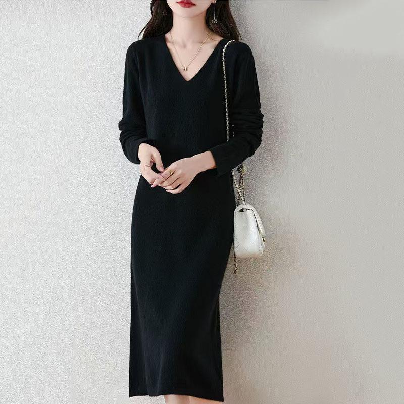 2025 Herbst/Winter Damen Woll V-Ausschnitt Knielanges Pulloverkleid mit Schlitz