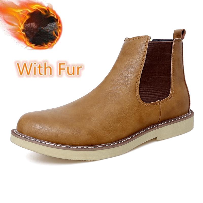 Warmes Plüschfell Winter Herren Chelsea Boots Neue Mode Bequeme Mann Stiefeletten Echtes Leder Gummiband Business Casual Schuhe