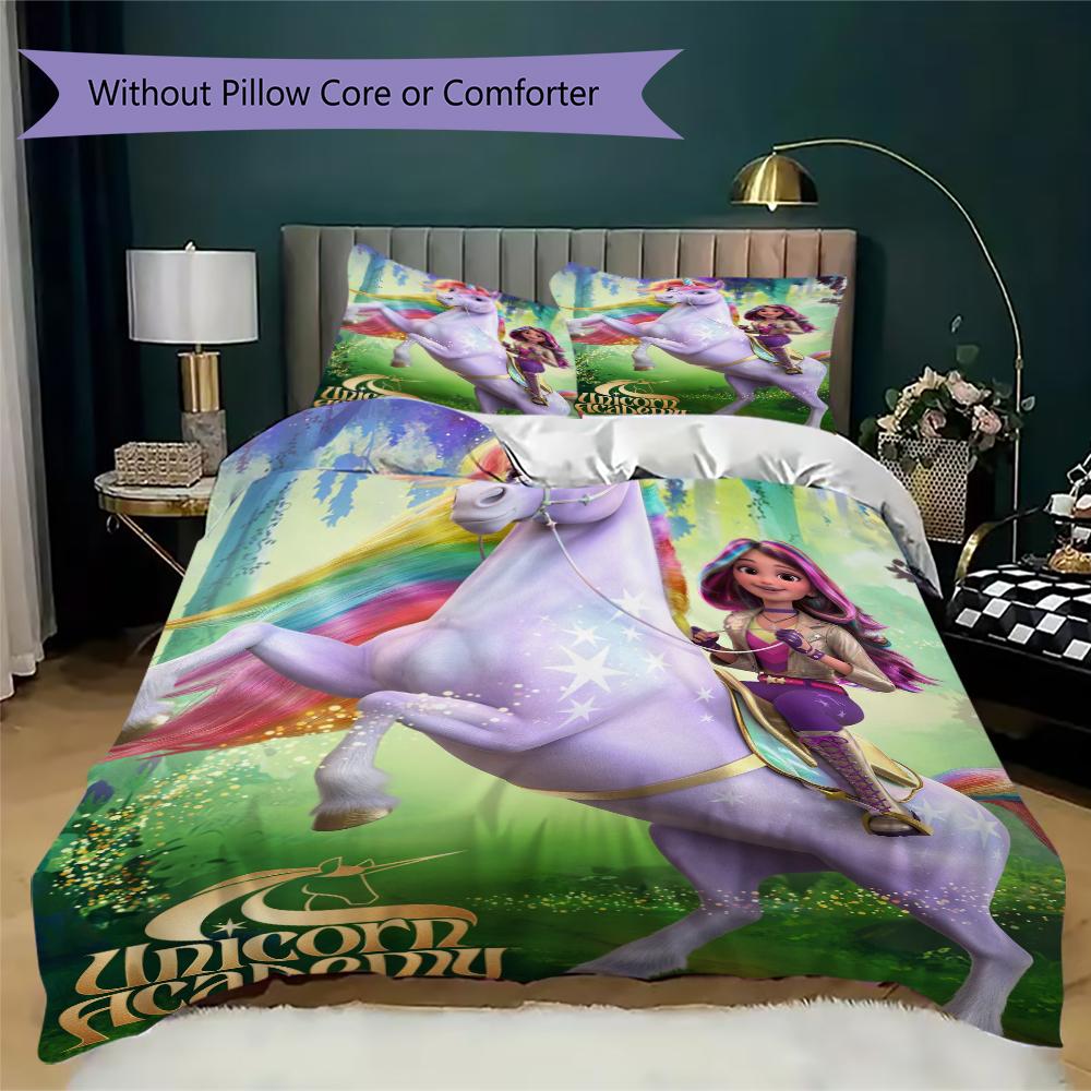 Unicorn Academy Pattern Bedding Uilt Set Uilt Cover Pillowcase Home Decoration Birthday Gift (1 * Duvet Cover + 2 * Pillowcase Without Core)95