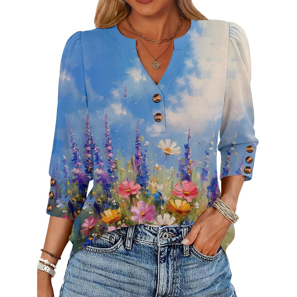 Women's Retro Printed Loose 7-inch Sleeve Top