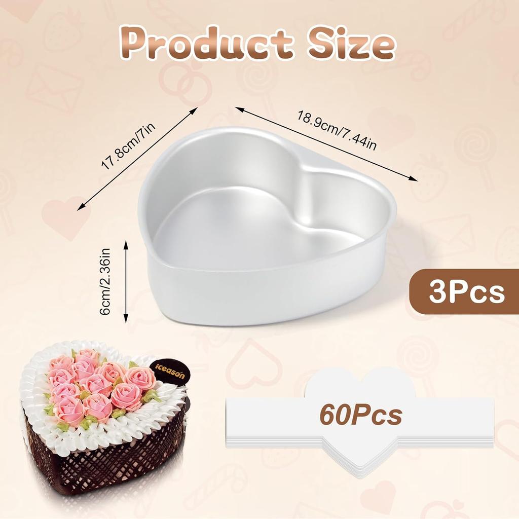 8 Inch Heart Cake Pan, 3 Pcs Aluminum Alloy Non Stick Heart Cake Mold with 60 Pcs Pan Liners for Kitchen Birthday Wedding