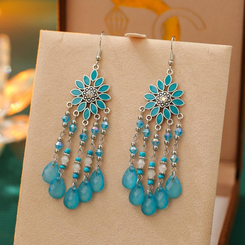 Bohemian Ethnic Style Earrings for Women Long Vintage Drop Glaze Rice Bead Water Drop Earrings Vacation Party Wedding Jewelry