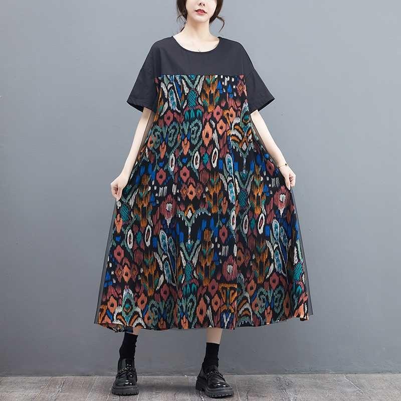 Women's Summer Floral Ruffle Dress  Plus Size Line Dress with Sheer Panel Detailing Vintage Inspired Loose Fit Maxi