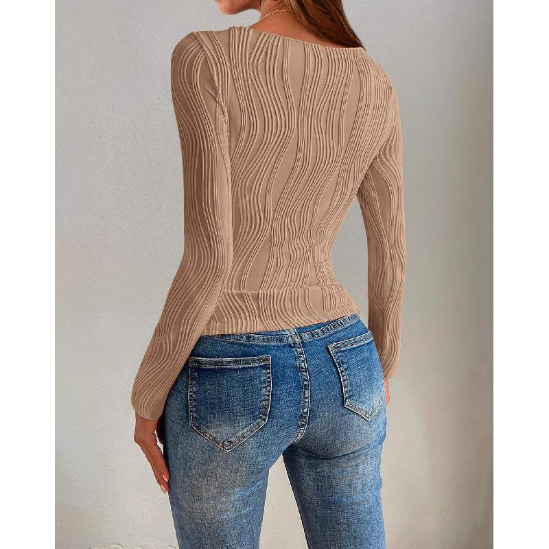 2026 Spring and Autumn New Women's Casual Textured Round Neck Long Sleeve Slim Fit T-Shirt