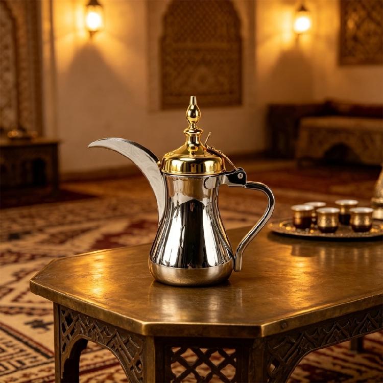Long Spouts Coffee Pot for Home Coffee Service, Rustproof Steel Arabic Teapot Pitcher Kettle with Gold Lid, Multipurpose Milk Water Jugs