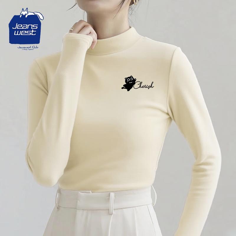 Jeanswest Club Women s Fleece-Lined Stand Collar Cartoon Print Long Sleeve T-Shirt S