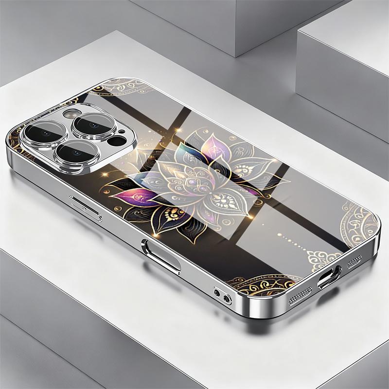 Golden Lotus Flower Tempered Glass Electroplate Phone Case For iPhone 17 18 Pro Max 13 12 11 Pro 14 15 16 Plus 16E 17Air Cover