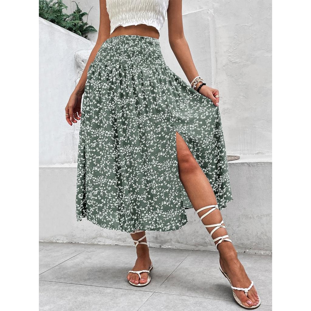 Summer Blue Floral Print Midi Skirt, Casual Fresh Vacation Skirt For Women, European American Style Crossbody Skirt